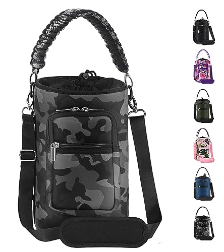 AceTreker 64 oz /87 oz/128 oz Neoprene Insulated Water Bottle Carrier Bag, Sling Bag Sleeve Pouch Holder with Adjustable Shoulder Strap & Paracord Handle and 2 Pocket for Traveling, Camping-Gray Camo - Image 1