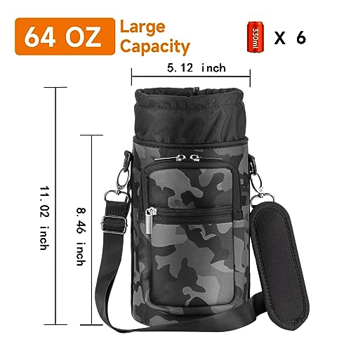 AceTreker 64 oz /87 oz/128 oz Neoprene Insulated Water Bottle Carrier Bag, Sling Bag Sleeve Pouch Holder with Adjustable Shoulder Strap & Paracord Handle and 2 Pocket for Traveling, Camping-Gray Camo - Image 5