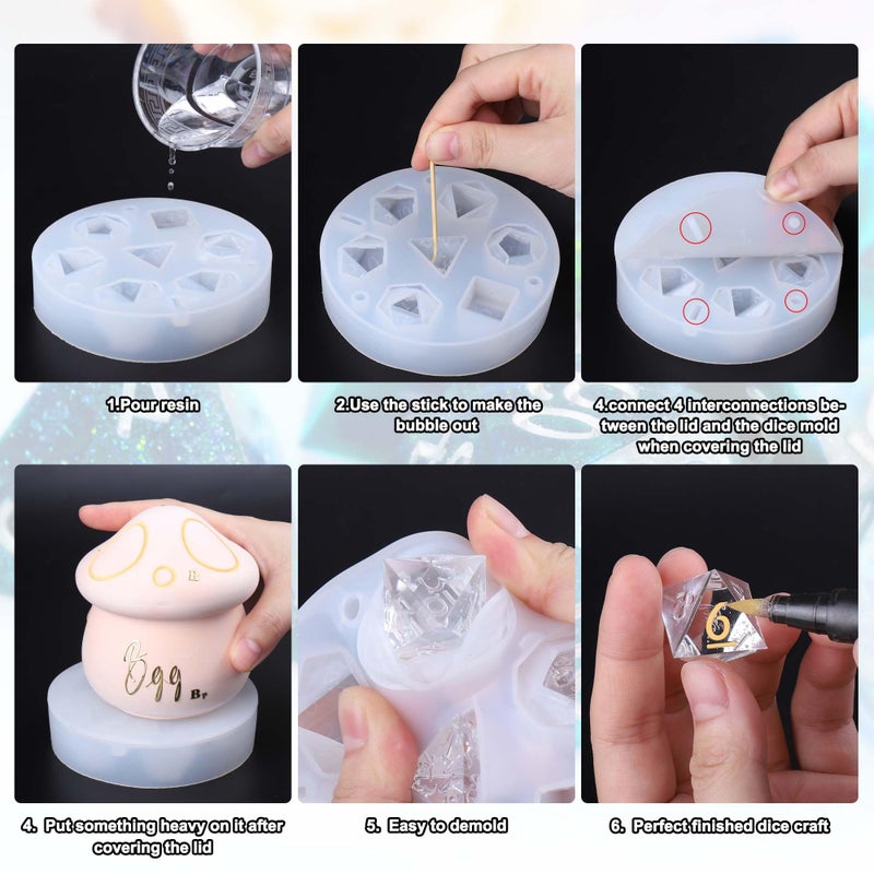 Juome Dice Resin Molds Silicone, DND Dice Silicone Molds for Epoxy Resin Casting with 7 Standard Stereoscopic Dice Cavities, Resin Mold for DIY Dices Making, Table Board Game Dice Lovers Gift - Image 5