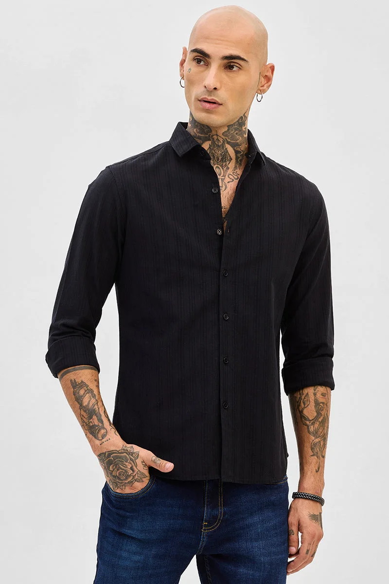 SNITCH Black Striped Long Sleeve Slim Fit Casual Shirt