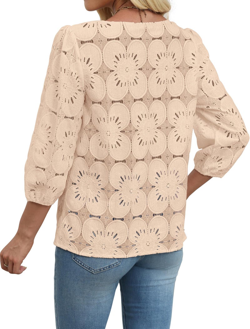 Sampeel Lace Tops for Women 3/4 Length Sleeve T Shirts Dressy Casual Blouses Work Spring Summer Tops Eyelet Fall Fashion Clothing Airport Travel Outfits Vacation Cruise 2026 Apricot S - Image 3