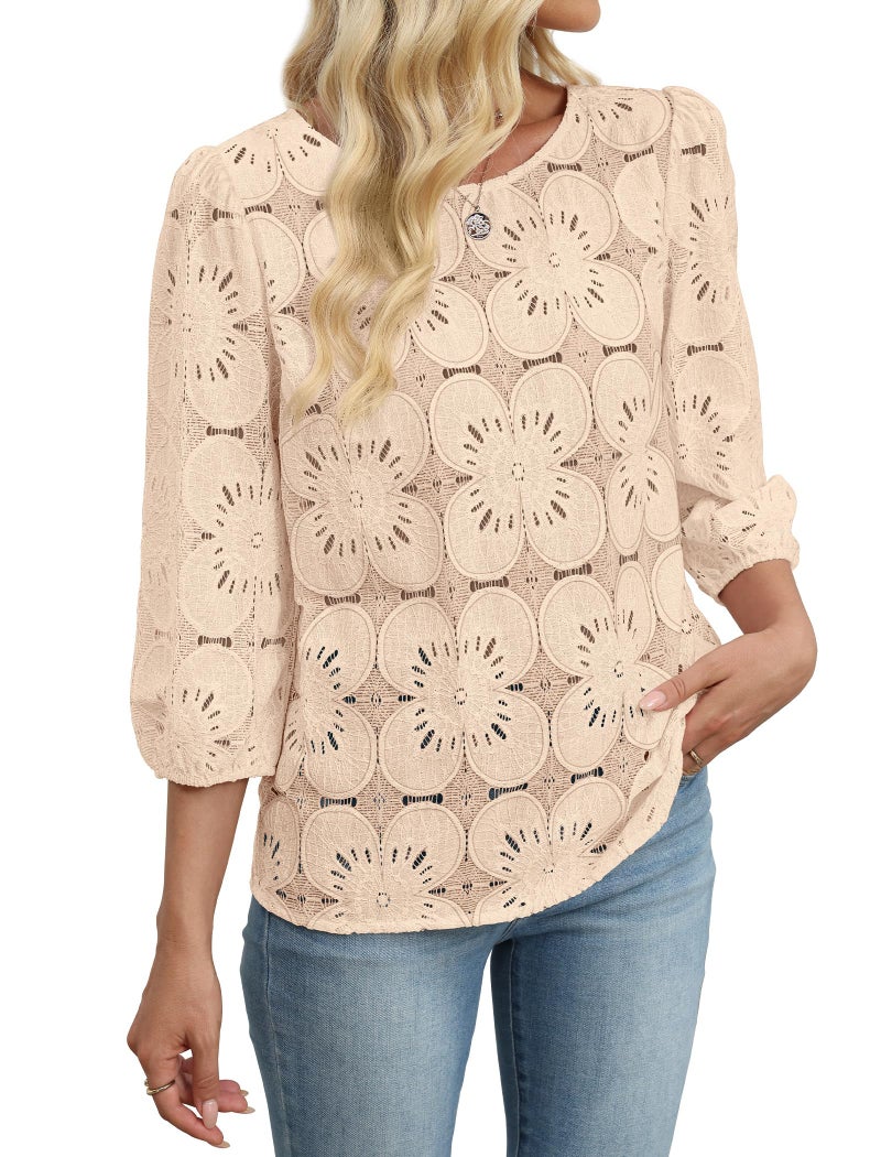 Sampeel Lace Tops for Women 3/4 Length Sleeve T Shirts Dressy Casual Blouses Work Spring Summer Tops Eyelet Fall Fashion Clothing Airport Travel Outfits Vacation Cruise 2026 Apricot S - Image 4