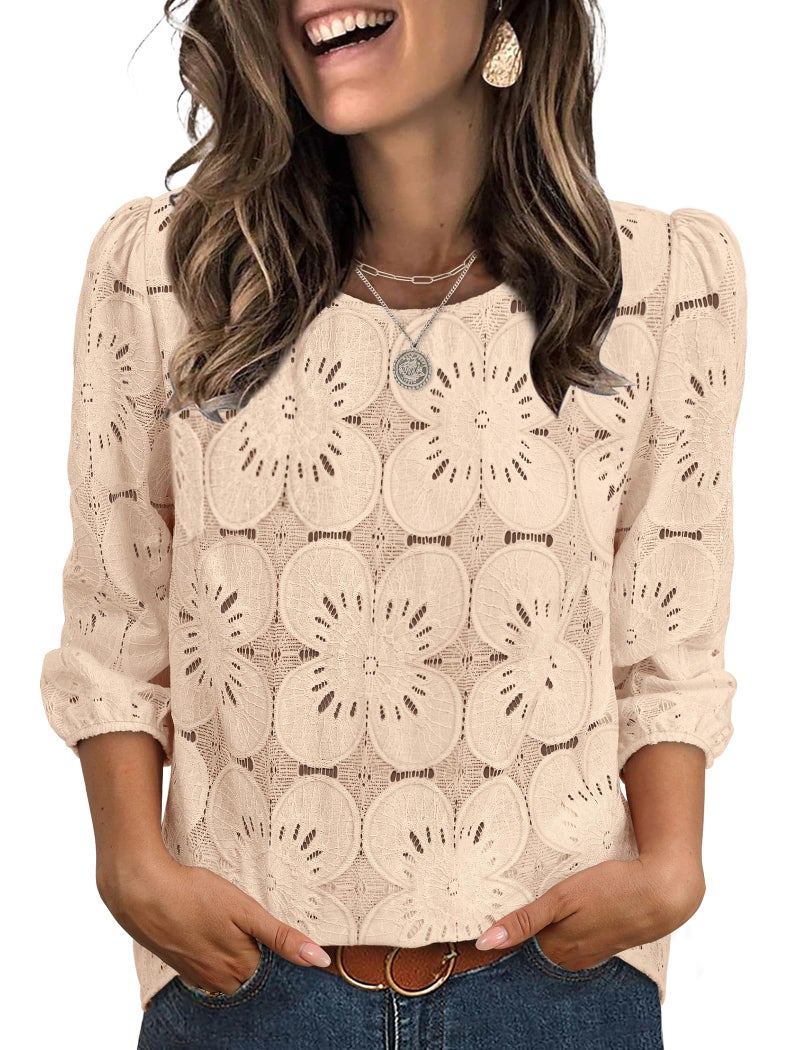 Sampeel Lace Tops for Women 3/4 Length Sleeve T Shirts Dressy Casual Blouses Work Spring Summer Tops Eyelet Fall Fashion Clothing Airport Travel Outfits Vacation Cruise 2026 Apricot S - Image 1
