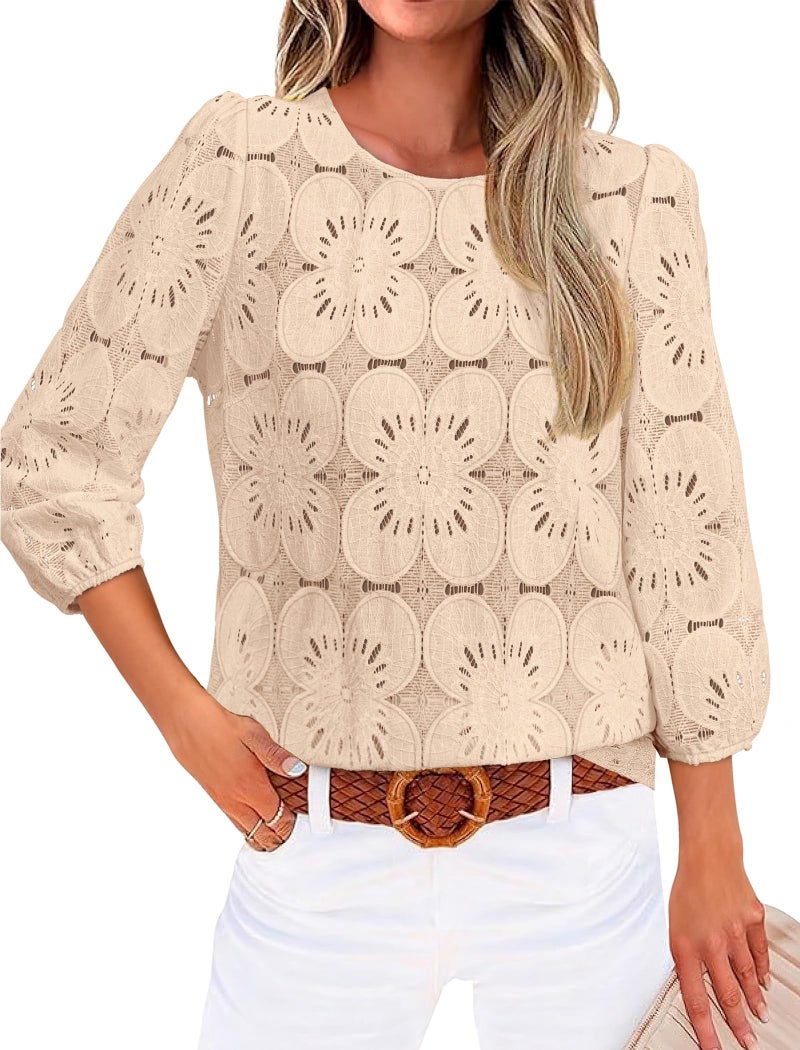 Sampeel Lace Tops for Women 3/4 Length Sleeve T Shirts Dressy Casual Blouses Work Spring Summer Tops Eyelet Fall Fashion Clothing Airport Travel Outfits Vacation Cruise 2026 Apricot S - Image 2