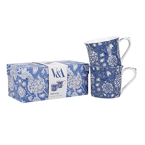 Va V&A Coffee and Tea Mugs, Porcelain Bone China Mug, William Morris Wild Tulip Design, 300ml, Set of 2, Gift Boxed - Image 5