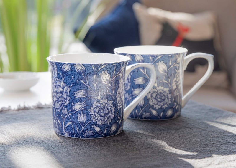 Va V&A Coffee and Tea Mugs, Porcelain Bone China Mug, William Morris Wild Tulip Design, 300ml, Set of 2, Gift Boxed - Image 2