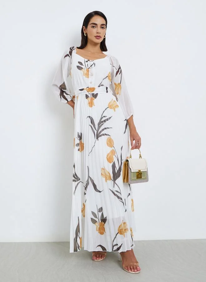 Styli White Floral Pleated Chiffon Maxi Dress
