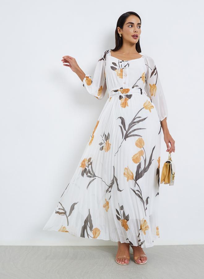 White Floral Pleated Chiffon Maxi Dress
