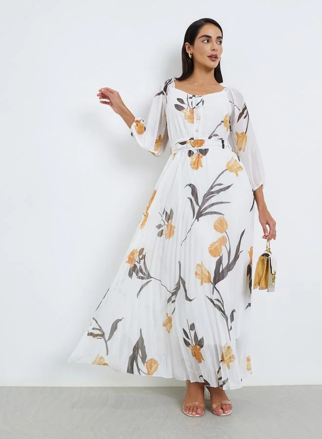 Styli White Floral Pleated Chiffon Maxi Dress