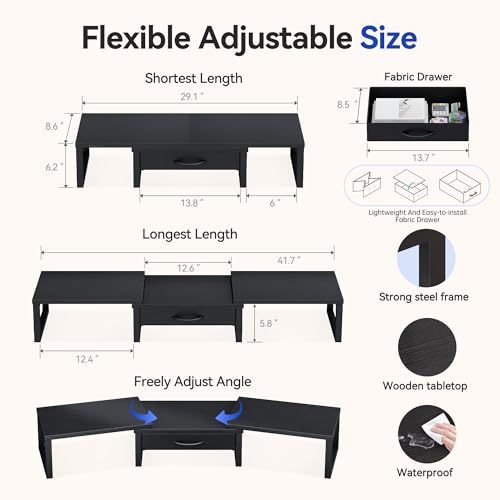 HEWORLIF Dual Monitor Stand Riser, Desk Organizers and Accessories with Drawer, Computer Monitor Stands for Desk, Adjustable Desktop Shelf for PC Laptop Printer TV, Black - Image 2