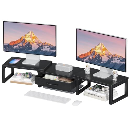 HEWORLIF Dual Monitor Stand Riser, Desk Organizers and Accessories with Drawer, Computer Monitor Stands for Desk, Adjustable Desktop Shelf for PC Laptop Printer TV, Black - Image 1