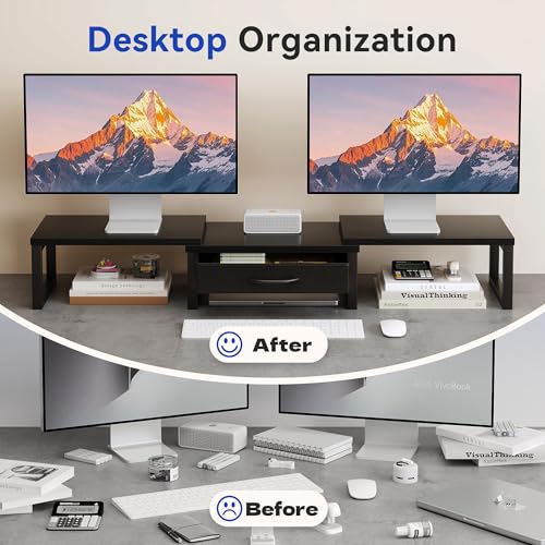 HEWORLIF Dual Monitor Stand Riser, Desk Organizers and Accessories with Drawer, Computer Monitor Stands for Desk, Adjustable Desktop Shelf for PC Laptop Printer TV, Black - Image 3