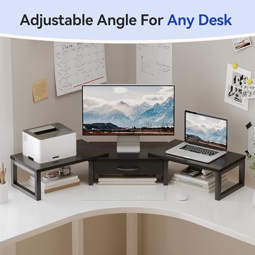 HEWORLIF Dual Monitor Stand Riser, Desk Organizers and Accessories with Drawer, Computer Monitor Stands for Desk, Adjustable Desktop Shelf for PC Laptop Printer TV, Black - Image 5