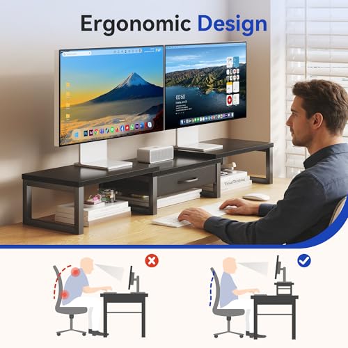 HEWORLIF Dual Monitor Stand Riser, Desk Organizers and Accessories with Drawer, Computer Monitor Stands for Desk, Adjustable Desktop Shelf for PC Laptop Printer TV, Black - Image 4