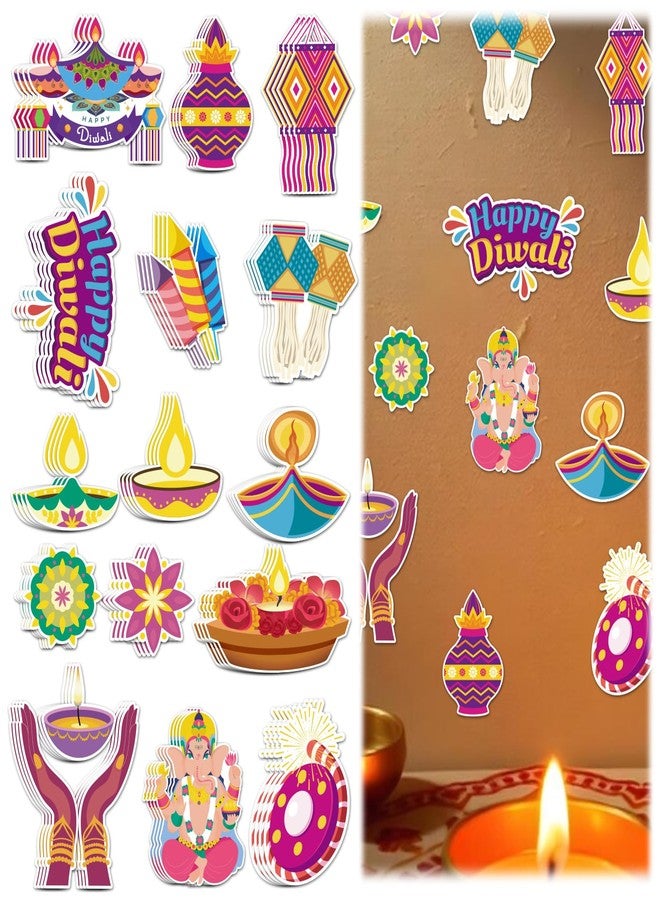 Hying 64 PCS Happy Diwali Cutouts Bulletin Board Decorations Indian Festival of Lights Cut-Outs Cardboard Paper Cutting Decoration with Glue Points for Hindu Deepavali Diwali Party Favor - Image 1