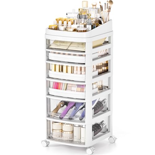 APEXCHASER Rolling Cart with 6 Drawers, Clear Plastic Drawer Organizers, Dust Proof Under Desk Storage for Makeup, Skincare, Art Crafts and Baby Items, Acrylic Cosmetic Organizer with Dividers, Vanity Cart - Image 1