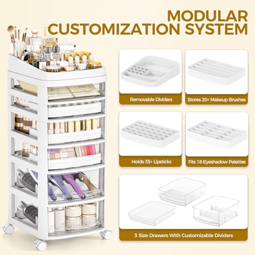 APEXCHASER Rolling Cart with 6 Drawers, Clear Plastic Drawer Organizers, Dust Proof Under Desk Storage for Makeup, Skincare, Art Crafts and Baby Items, Acrylic Cosmetic Organizer with Dividers, Vanity Cart - Image 4