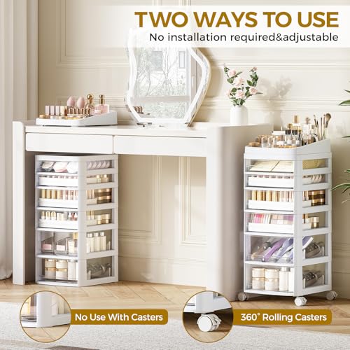 APEXCHASER Rolling Cart with 6 Drawers, Clear Plastic Drawer Organizers, Dust Proof Under Desk Storage for Makeup, Skincare, Art Crafts and Baby Items, Acrylic Cosmetic Organizer with Dividers, Vanity Cart - Image 5