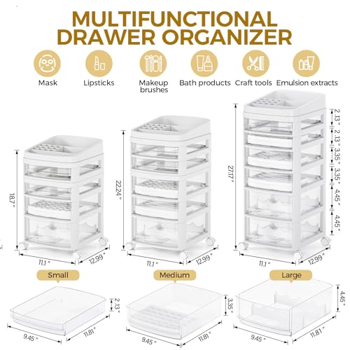 APEXCHASER Rolling Cart with 6 Drawers, Clear Plastic Drawer Organizers, Dust Proof Under Desk Storage for Makeup, Skincare, Art Crafts and Baby Items, Acrylic Cosmetic Organizer with Dividers, Vanity Cart - Image 2