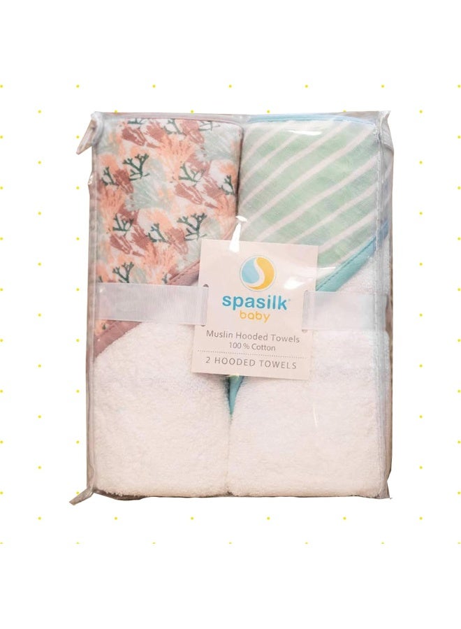 Spasilk مجموعة مناشف سباسيليك الفاخرة بغطاء للرأس للأطفال، قطن تيري ناعم مع غطاء من القماش الموسلين، عبوة من 2، كورال وردي - Image 3