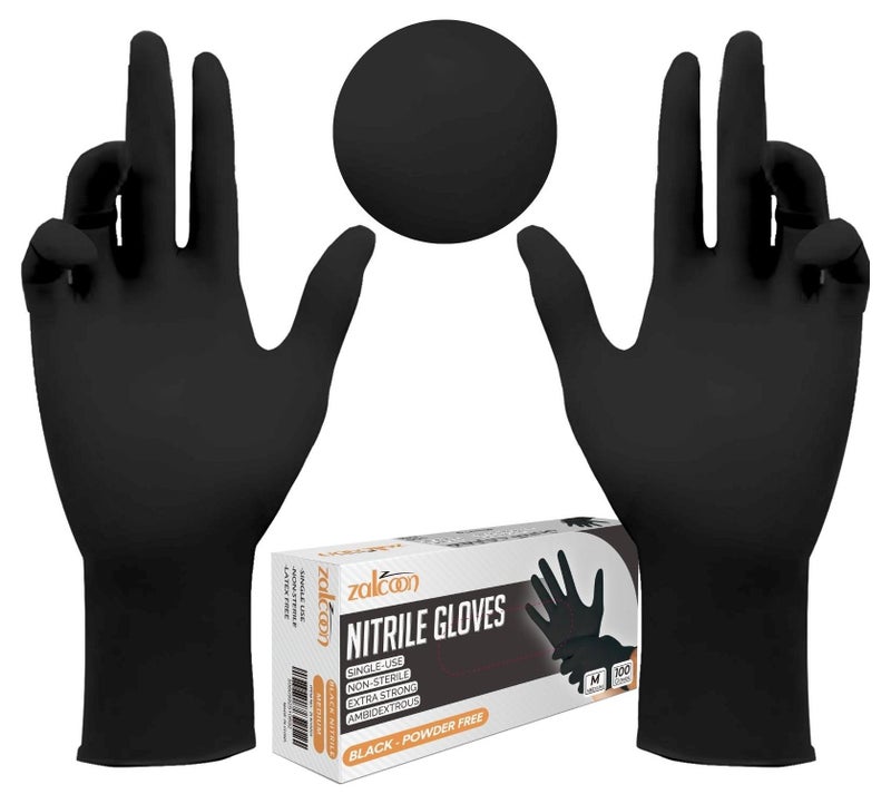 Zalcoon Nitrile Exam Disposable Gloves, Black, Powder Free, Latex Free, Best for Restaurant, Saloon, Kitchen, Cleaning, Food Prep (1 Pack x 100 Pieces) - Image 1