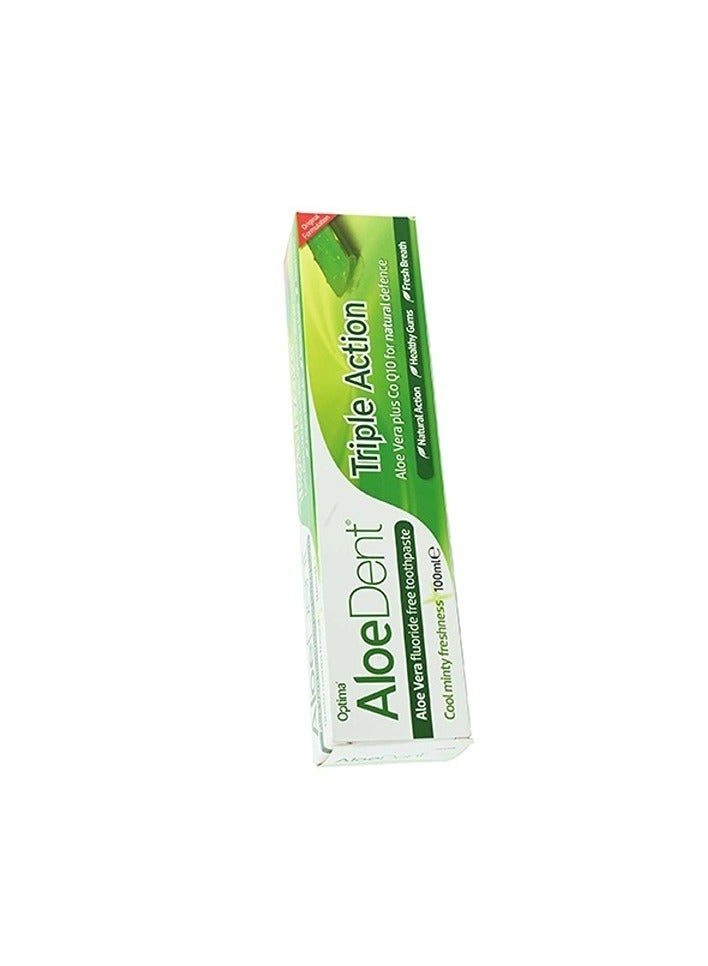 Aloe Dent Triple Action Aloe Vera Fluoride Free Toothpaste Cool Minty Freshness with CoQ10 Defense Teeth Cavity Protection 100ml