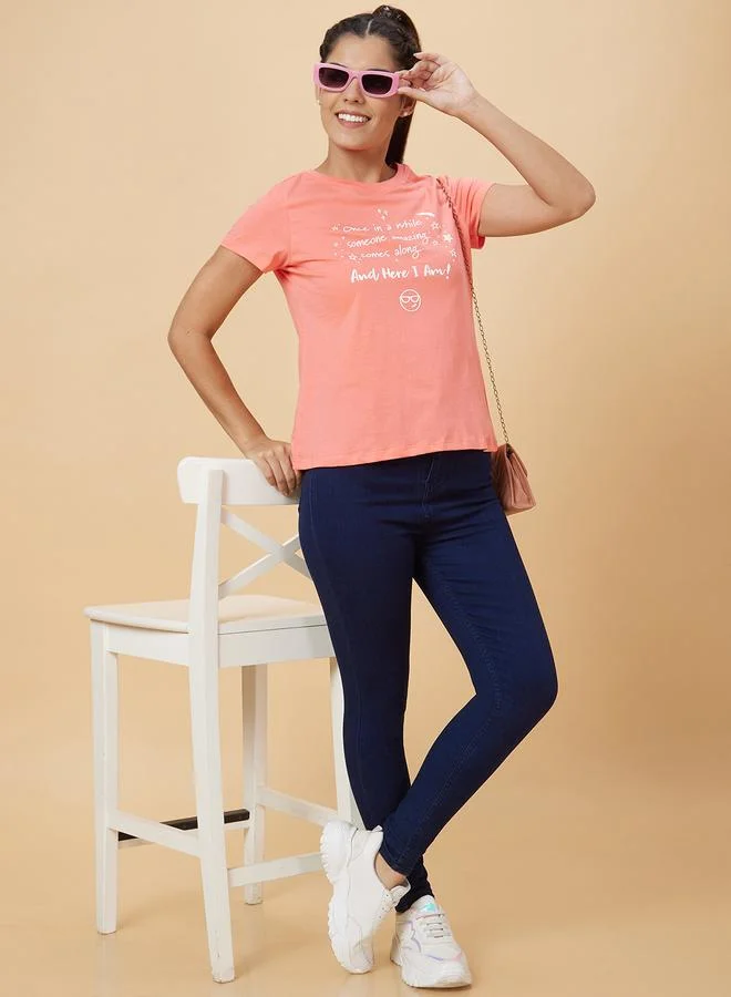 globus Slogan Print Round Neck Cotton T-Shirt