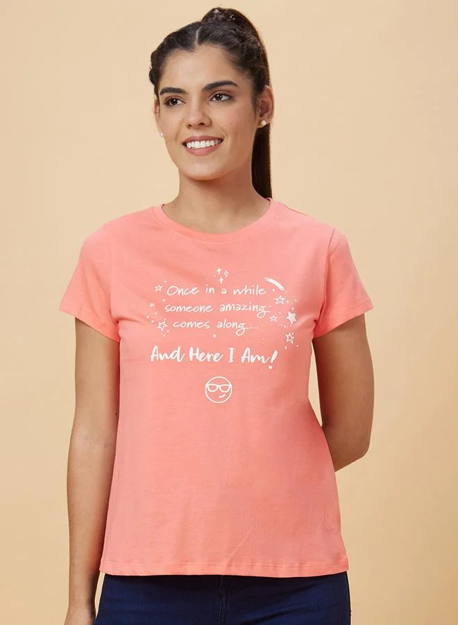globus Slogan Print Round Neck Cotton T-Shirt