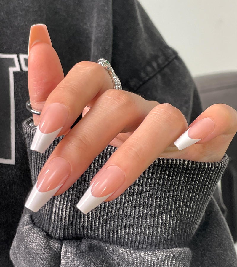 Morily Light Pink White French Tip Press on Nails, 30Pcs Long Coffin Thicker Fake Nails Reusable False Nails with Design, Glossy Acrylic Stick on Nails for Women, 15 Sizes, Include Glass File - Image 1