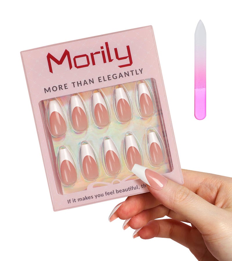 Morily Light Pink White French Tip Press on Nails, 30Pcs Long Coffin Thicker Fake Nails Reusable False Nails with Design, Glossy Acrylic Stick on Nails for Women, 15 Sizes, Include Glass File - Image 2