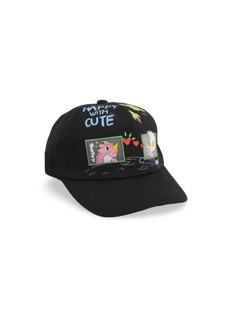 Fancy Unisex Cotton Cap –  Black with "Happy With Cute" Design - Image 1