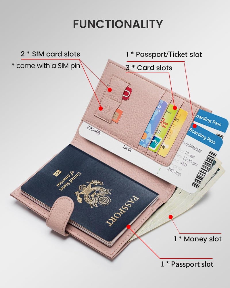 Karmiir RFID Passport Holder Travel Wallet for Women, Leather Passport Cover Wallet with Card Holders SIM Slots,Zippered Coins Pocket and Cash Slot Slim Compact Travel Wallet (Pink) - Image 2