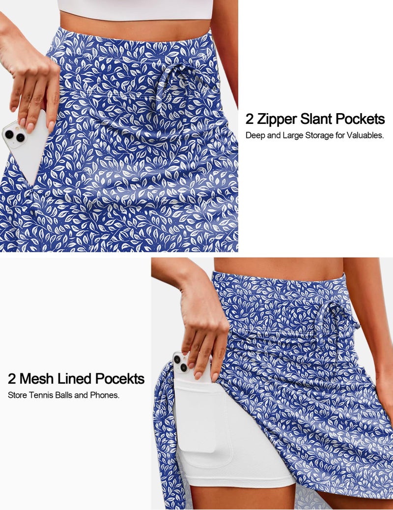 COOrun Women's Tennis Skirt Pleated Golf Skorts High Waisted with Pockets Inner Shorts Athletic Sports Blue Floral L - Image 4