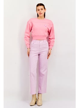 ESPRIT Women Crew Neck Graphic Print Long Sleeves Crop Sweatshirt, Pink  - Image 3