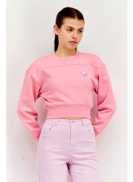 ESPRIT Women Crew Neck Graphic Print Long Sleeves Crop Sweatshirt, Pink  - Image 1