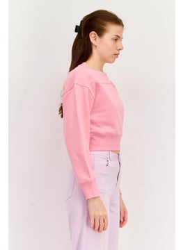 ESPRIT Women Crew Neck Graphic Print Long Sleeves Crop Sweatshirt, Pink  - Image 2