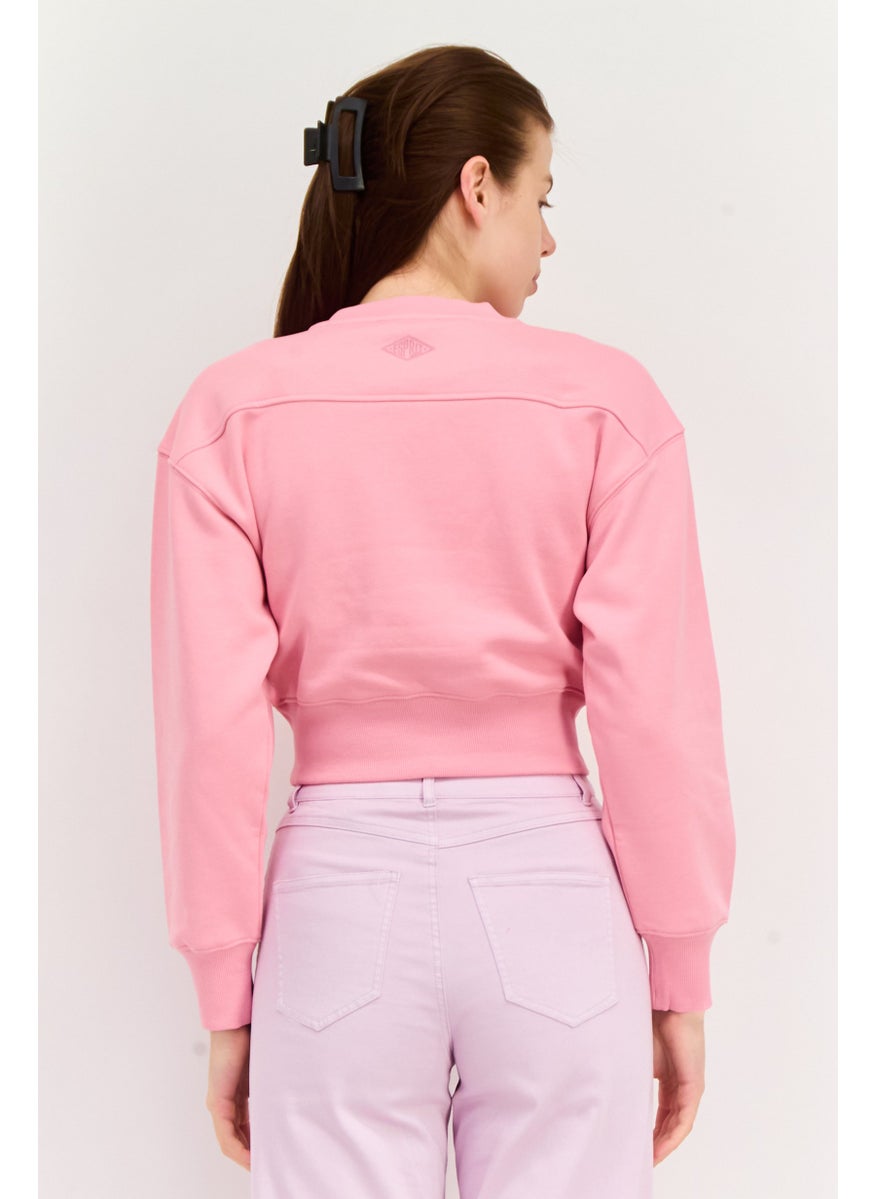 ESPRIT - Women Crew Neck Graphic Print Long Sleeves Crop Sweatshirt, Pink - Image 1