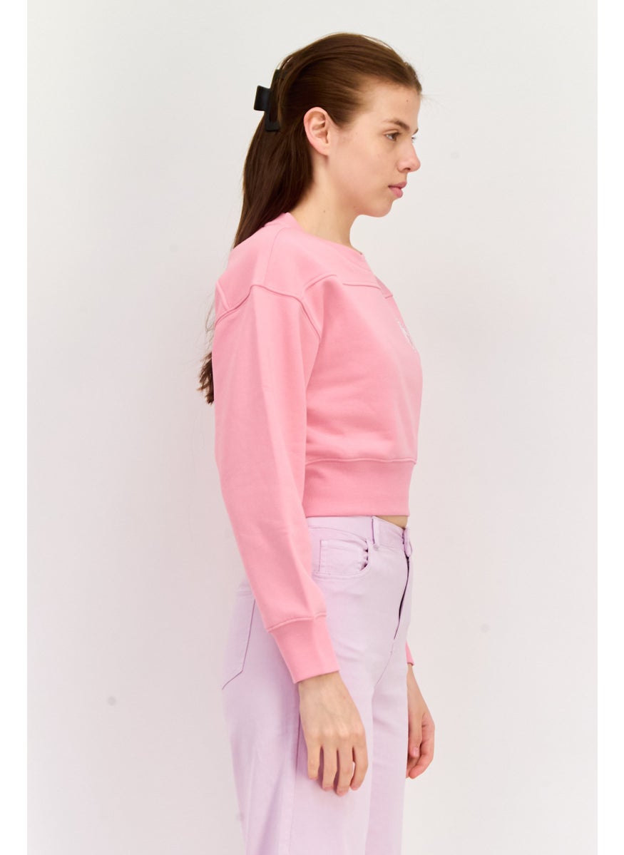 ESPRIT - Women Crew Neck Graphic Print Long Sleeves Crop Sweatshirt, Pink - Image 1
