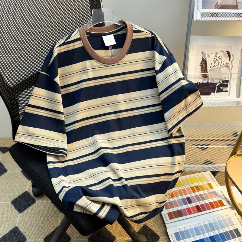 Striped Short-Sleeve T-Shirt For Men, Summer American Style Couple Trendy Versatile Loose Base Half-Sleeve Top - Image 1