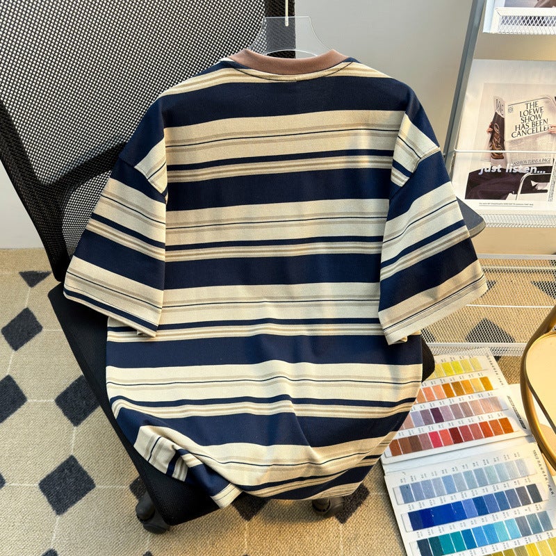 Striped Short-Sleeve T-Shirt For Men, Summer American Style Couple Trendy Versatile Loose Base Half-Sleeve Top - Image 4