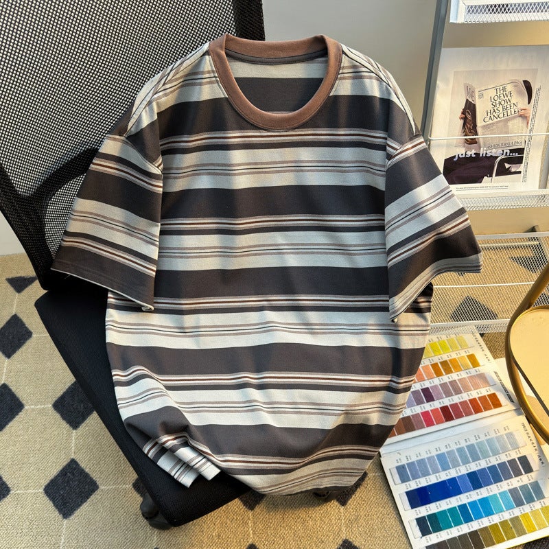 Striped Short-Sleeve T-Shirt For Men, Summer American Style Couple Trendy Versatile Loose Base Half-Sleeve Top - Image 5