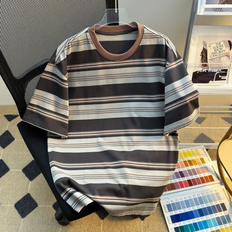 Striped Short-Sleeve T-Shirt For Men, Summer American Style Couple Trendy Versatile Loose Base Half-Sleeve Top - Image 3