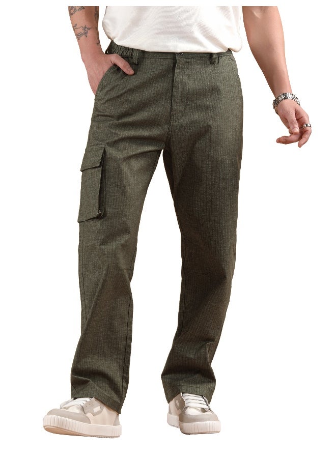 Beyoung Olive Striped Side Elasticated Cargo Trousers  - Image 3