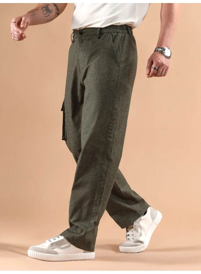 Beyoung Olive Striped Side Elasticated Cargo Trousers