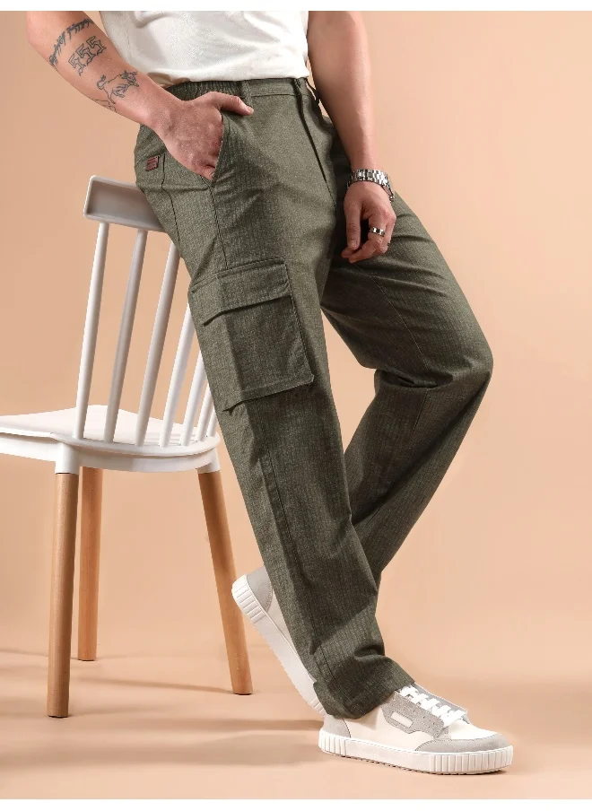 Beyoung Olive Striped Side Elasticated Cargo Trousers