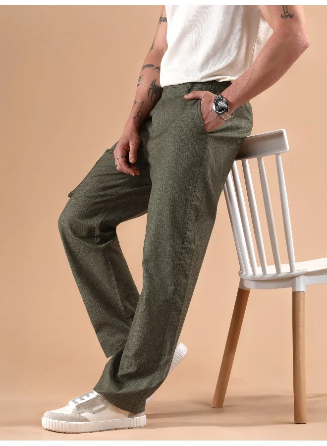 Beyoung Olive Striped Side Elasticated Cargo Trousers