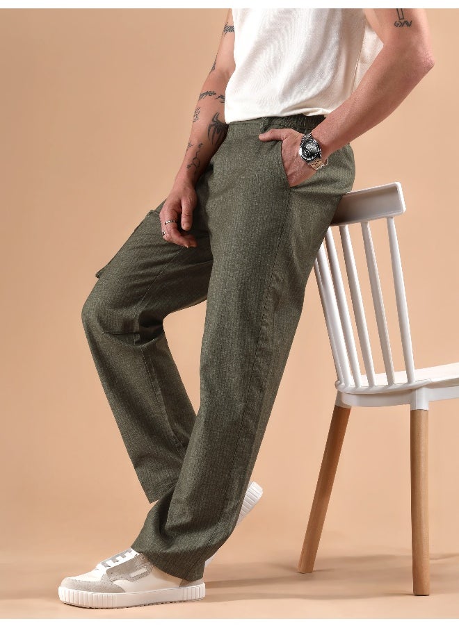 Beyoung Olive Striped Side Elasticated Cargo Trousers  - Image 4