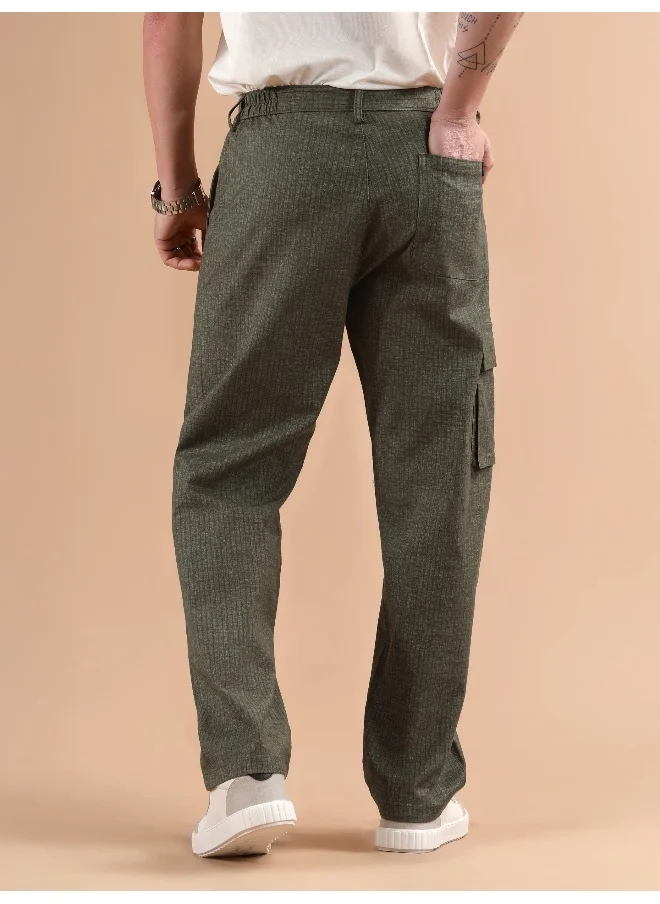 Beyoung Olive Striped Side Elasticated Cargo Trousers