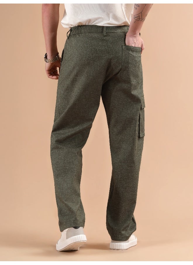 Beyoung Olive Striped Side Elasticated Cargo Trousers  - Image 1