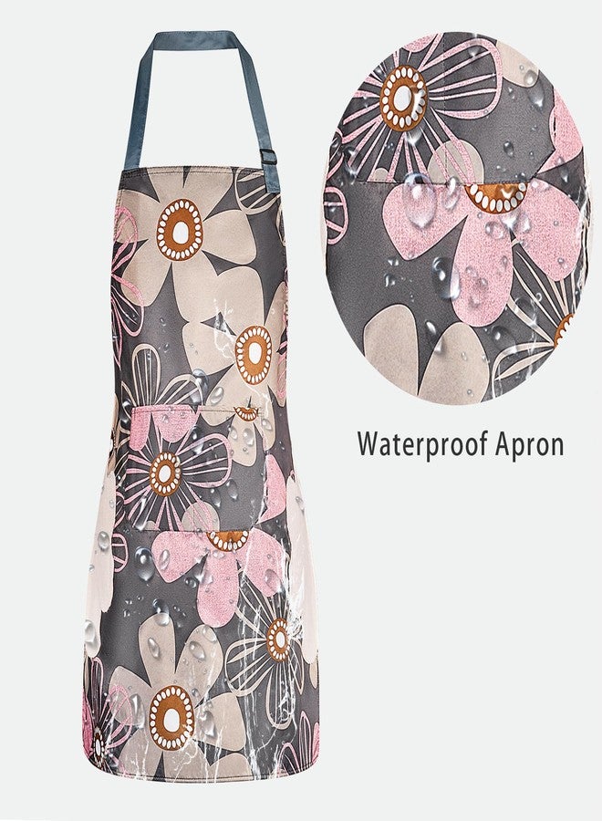 DILLMAN 2 Pack Floral Aprons with Pocket, Blooming Womens Aprons Waterproof Adjustable Cooking Aprons for Kitchen Gardening and Salon (2Pack #B) - Image 3